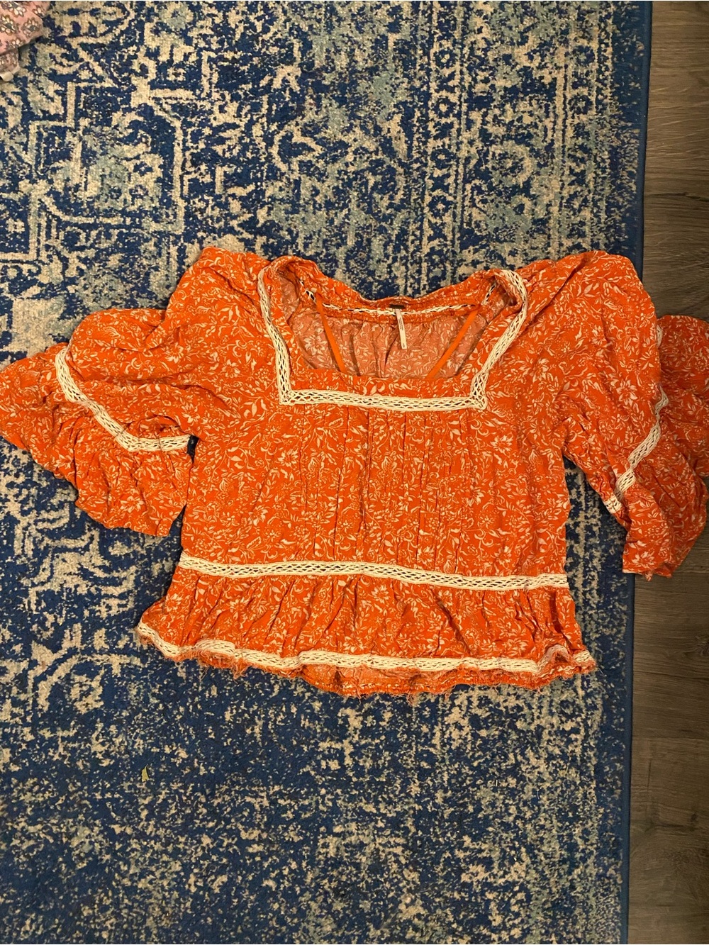 Free People Bright Orange Floral Square-Neck Peasant Blouse